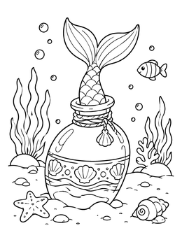 A mermaid coloring page showing a fish tail peeking out of a decorated bottle underwater.