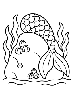 A scaly tail in this mermaid coloring page rests on an underwater rock.