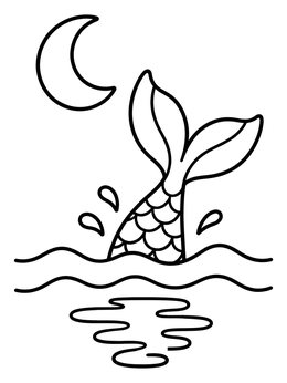 A simple mermaid coloring page showing a tail splashing in waves under a crescent moon.