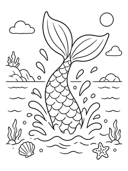 A scaly tail flips out of the water in this mermaid coloring page.