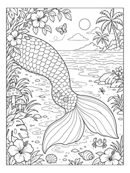 A detailed mermaid coloring page showing a graceful mermaid tail resting along a tropical shoreline.