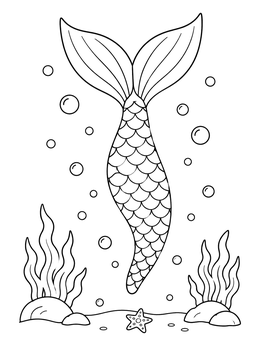 A decorative mermaid tail underwater with bubbles and seaweed in this mermaid coloring page.