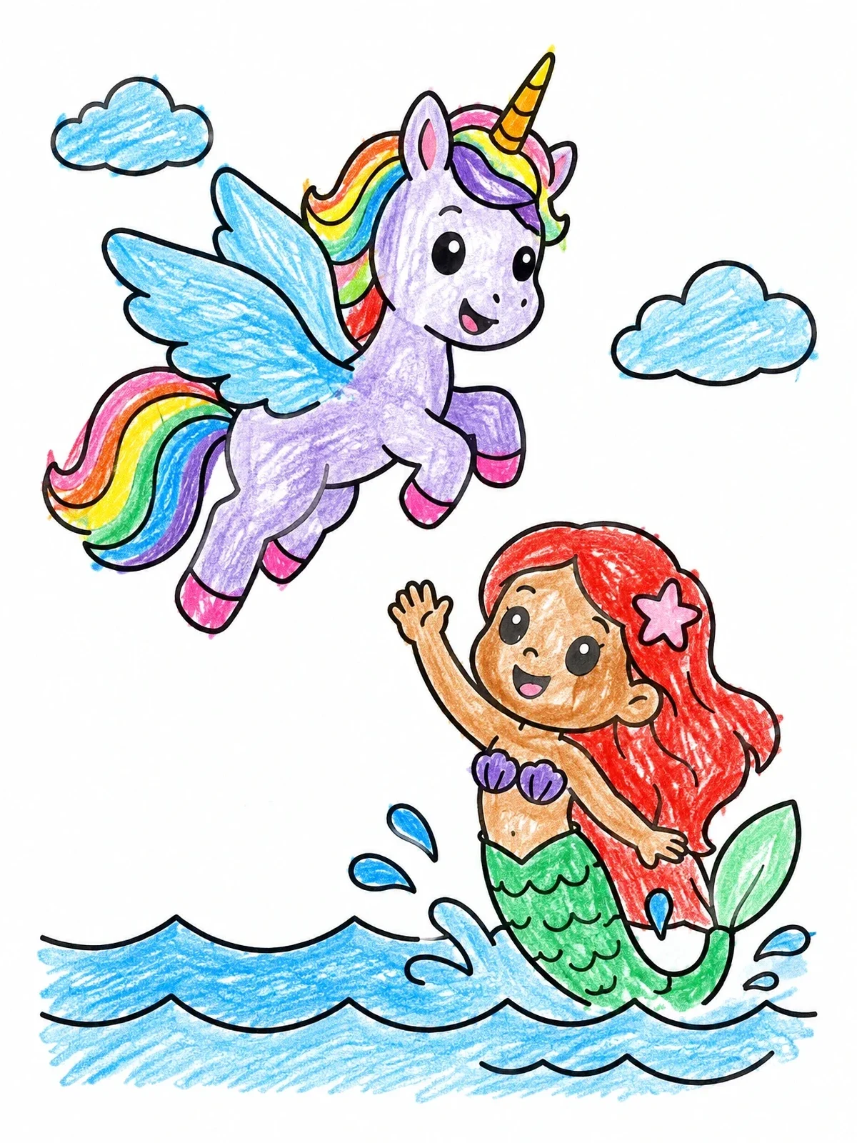 Colored example of the Mermaid Waving To Flying Pegasus Unicorn coloring page