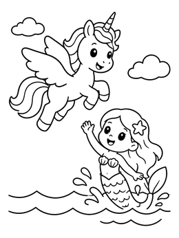 Free printable Mermaid Waving To Flying Pegasus Unicorn coloring page
