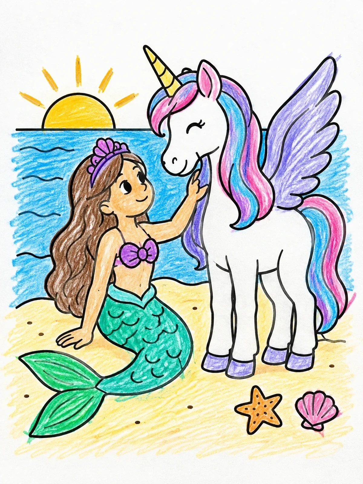 Colored example of the Mermaid And Winged Unicorn By Sunset coloring page