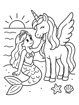 Free printable Mermaid And Winged Unicorn By Sunset coloring page