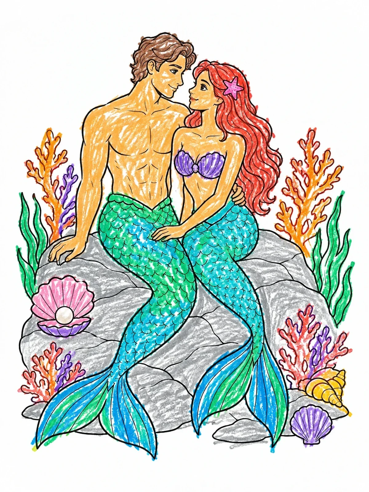 Colored example of the Mermaid And Merman Couple On Rocks coloring page