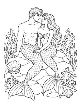 A romantic merman coloring page featuring a mermaid and merman sitting together on undersea rocks.