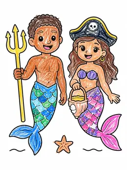 Merman And Pirate Mermaid Friends Coloring Page