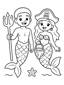 A cheerful merman and pirate mermaid coloring page with trident and shell basket.