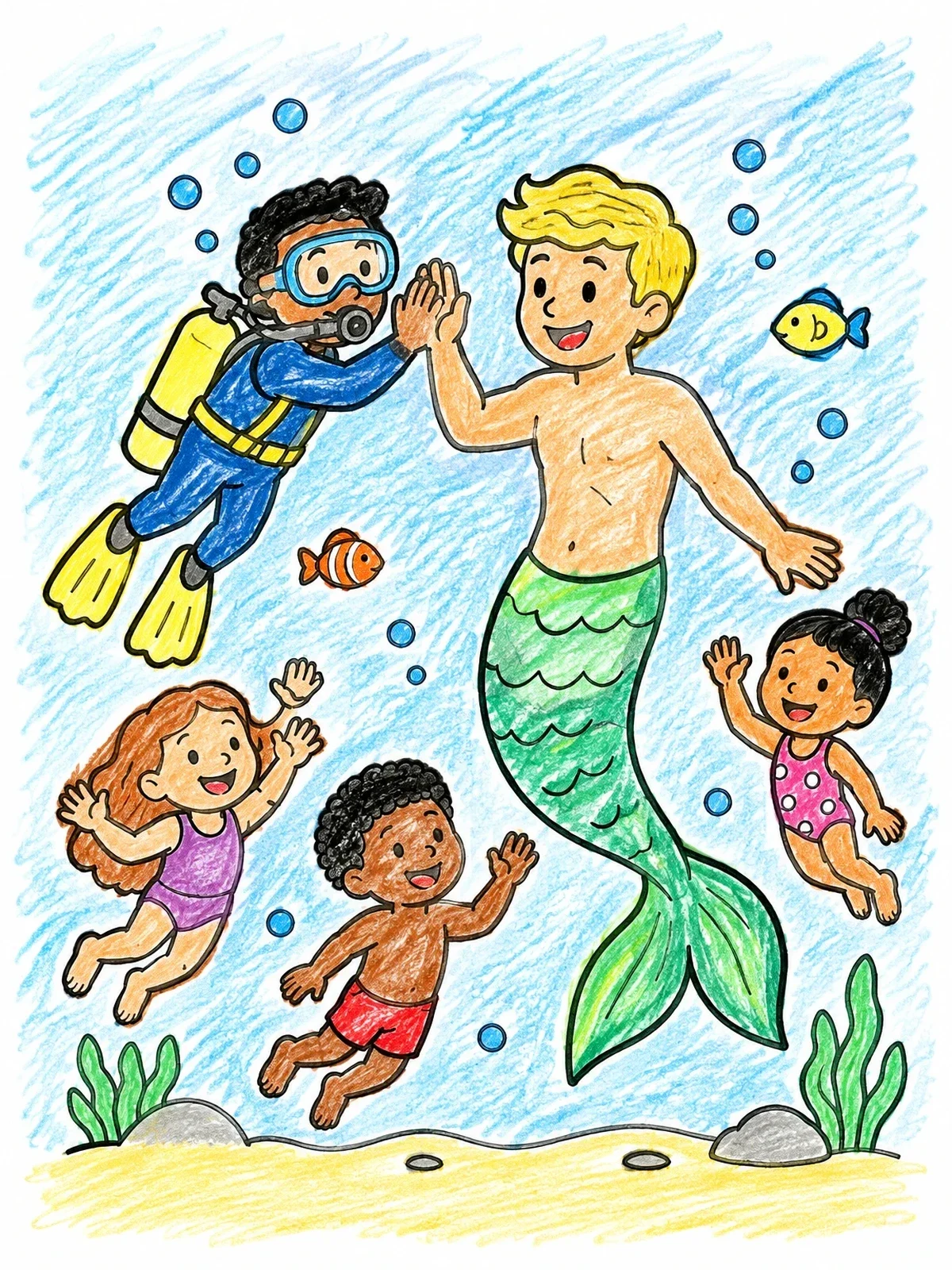Colored example of the Scuba Diver And Merman High Five coloring page