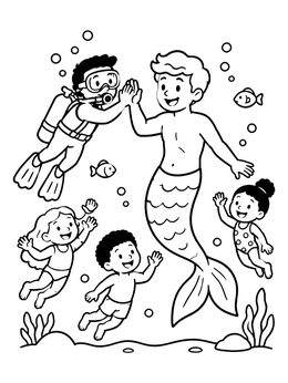 A friendly merman coloring page featuring a scuba diver giving a high five underwater.