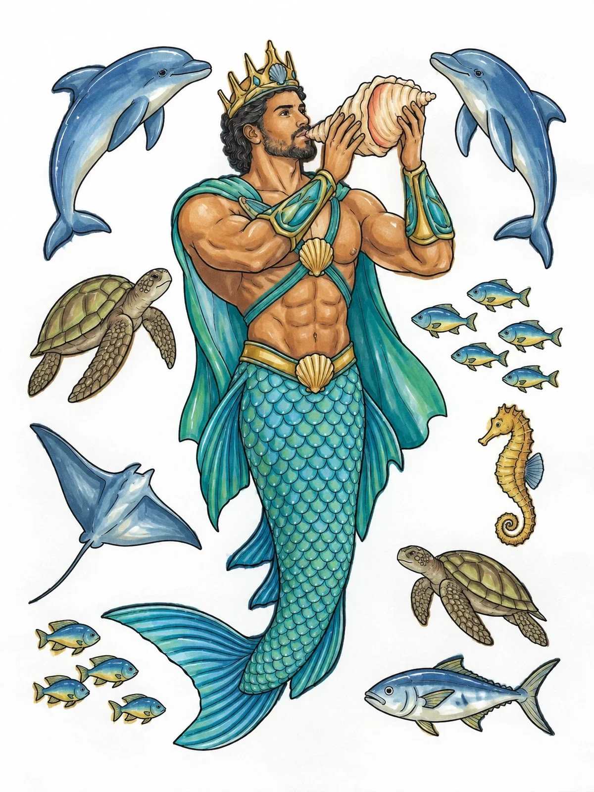 Colored example of the Merman King Summoning Sea Creatures coloring page