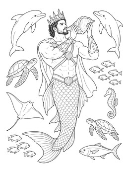 A merman coloring page featuring a crowned king blowing a conch shell amid sea turtles and dolphins.