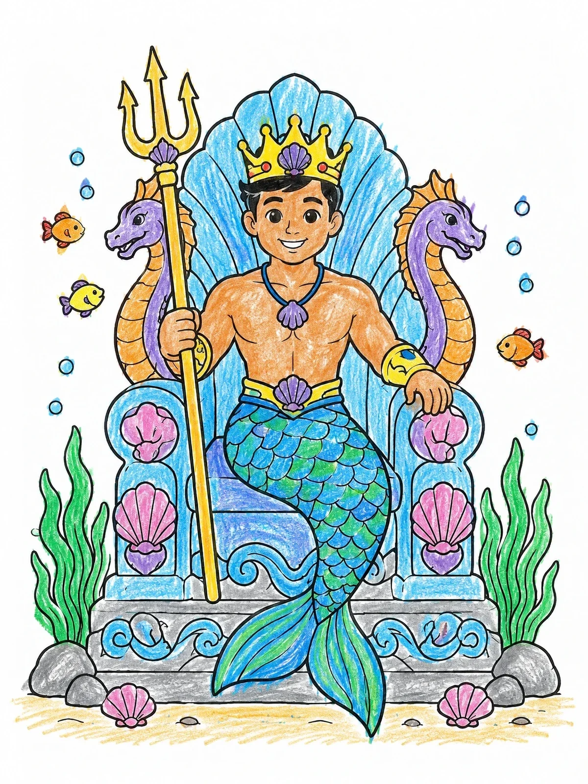 Colored example of the Merman King On Throne coloring page