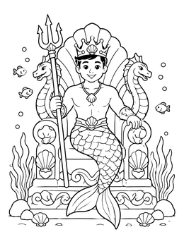 A friendly merman coloring page featuring an underwater king on his seashell throne holding a trident.