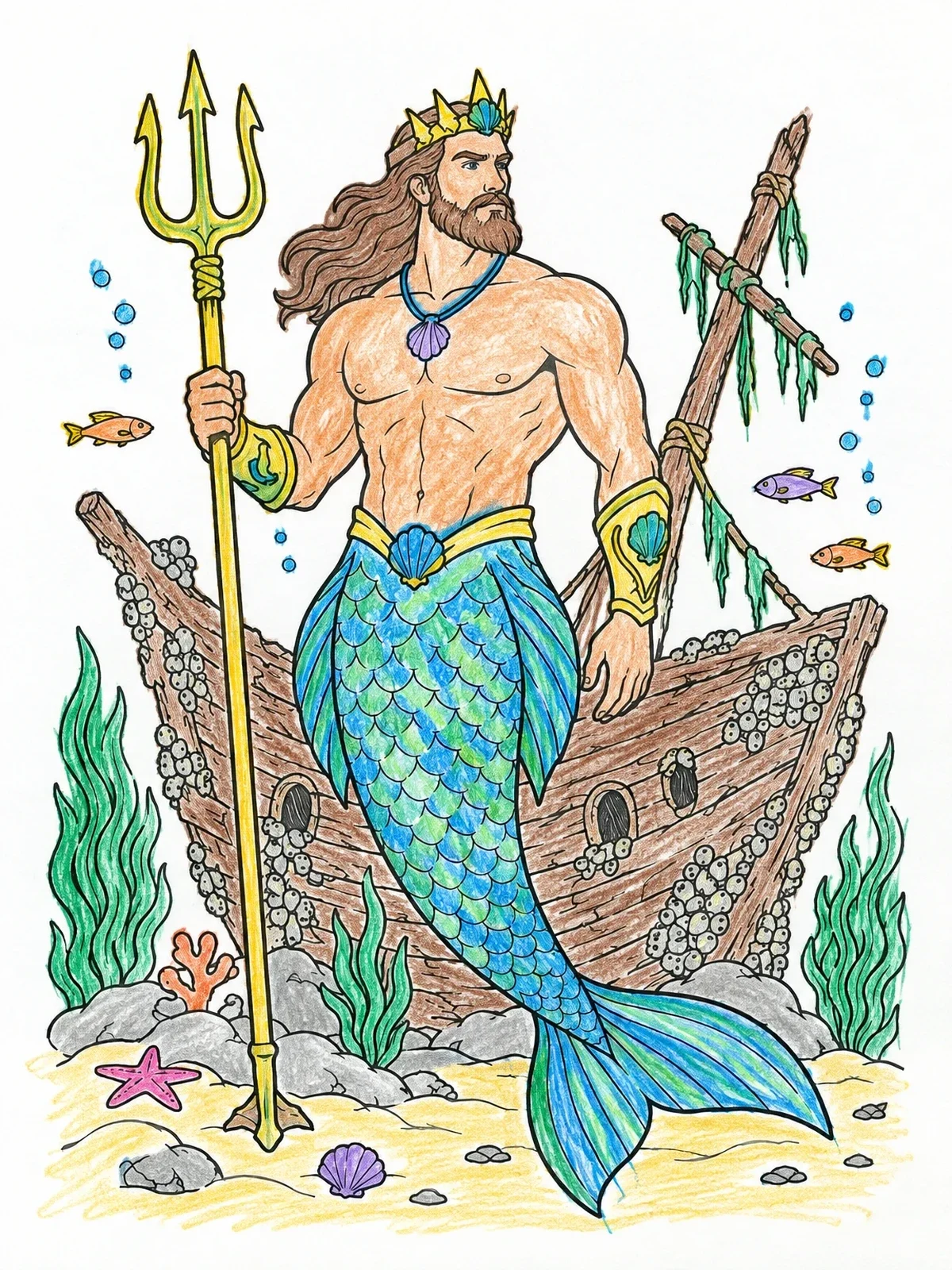 Colored example of the Merman King By Sunken Shipwreck coloring page