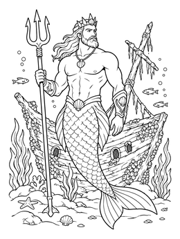 A crowned underwater king stands in this merman coloring page in front of a barnacle-covered shipwreck.
