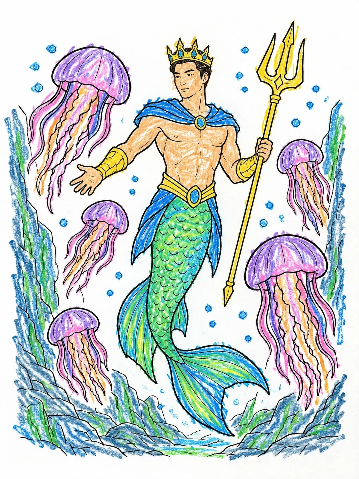 Colored example of the Merman King With Jellyfish coloring page
