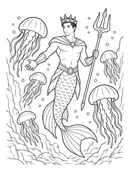 A crowned merman holding a trident swimming among jellyfish in this merman coloring page.