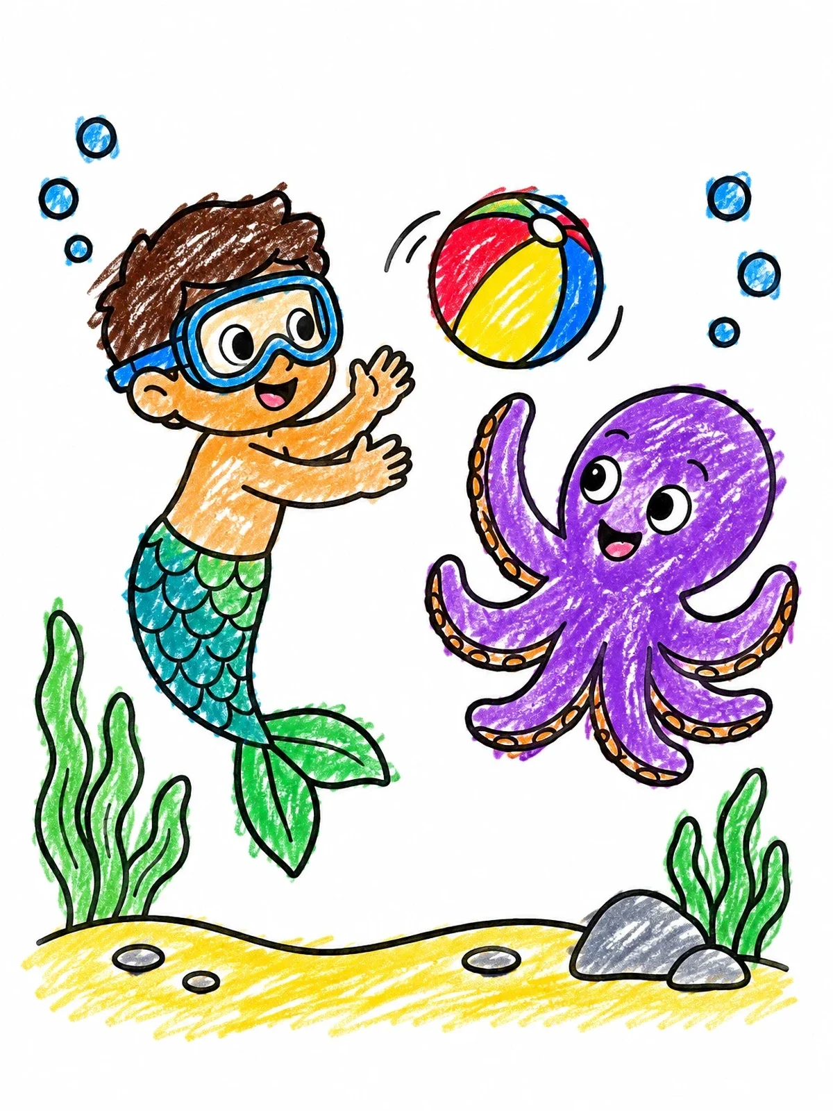 Colored example of the Young Merman Playing With Octopus coloring page