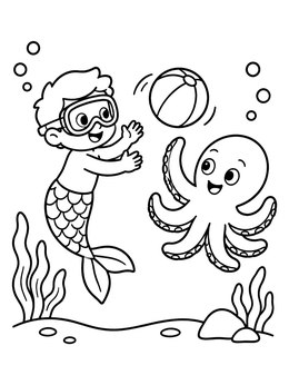 Free printable Young Merman Playing With Octopus coloring page