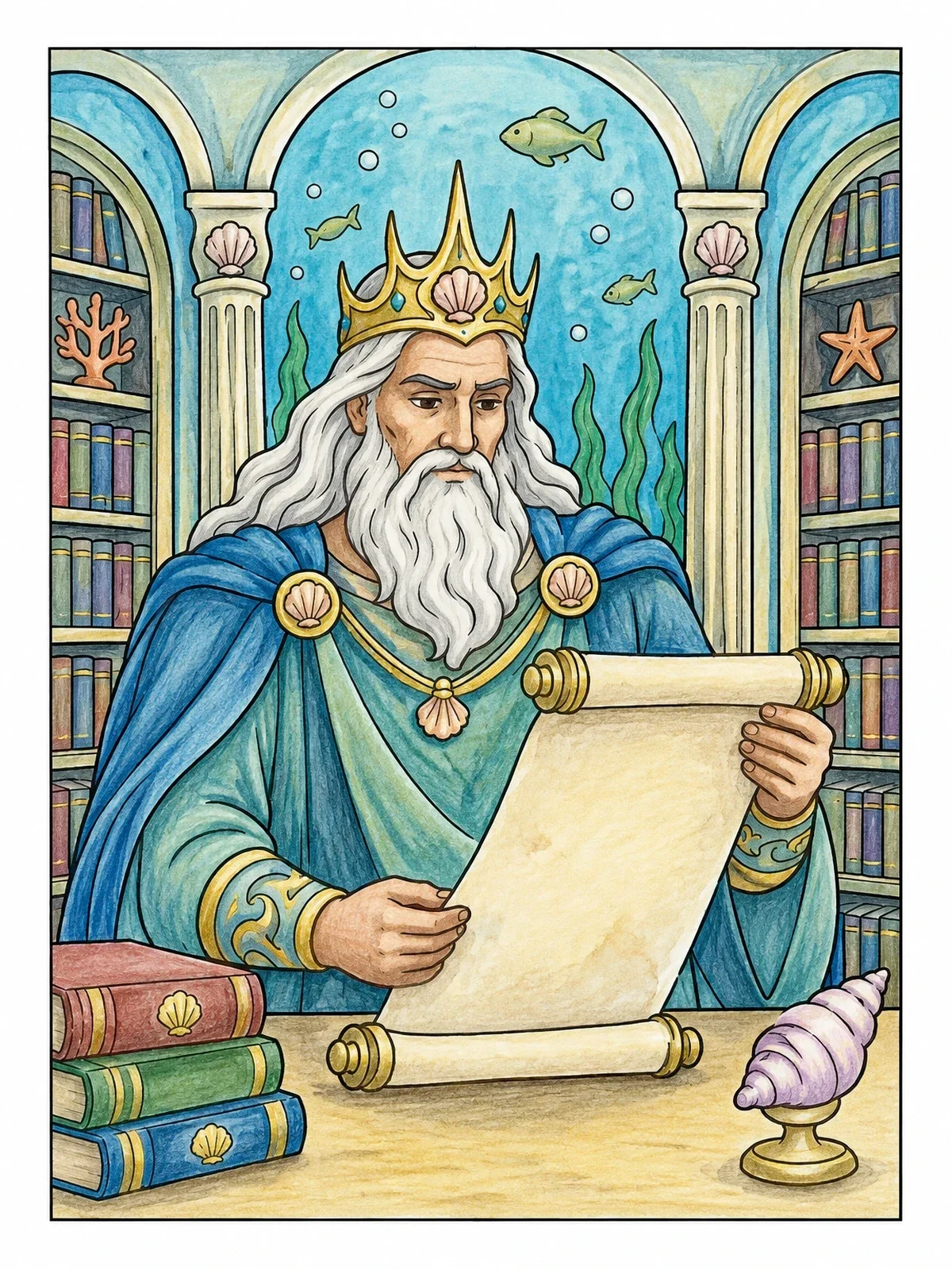 Colored example of the Sea King Reading In Palace Library coloring page