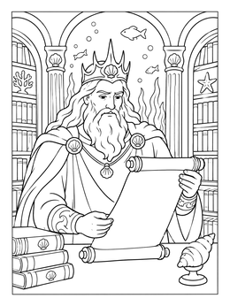 An underwater sea king in a library decorates this merman coloring page.