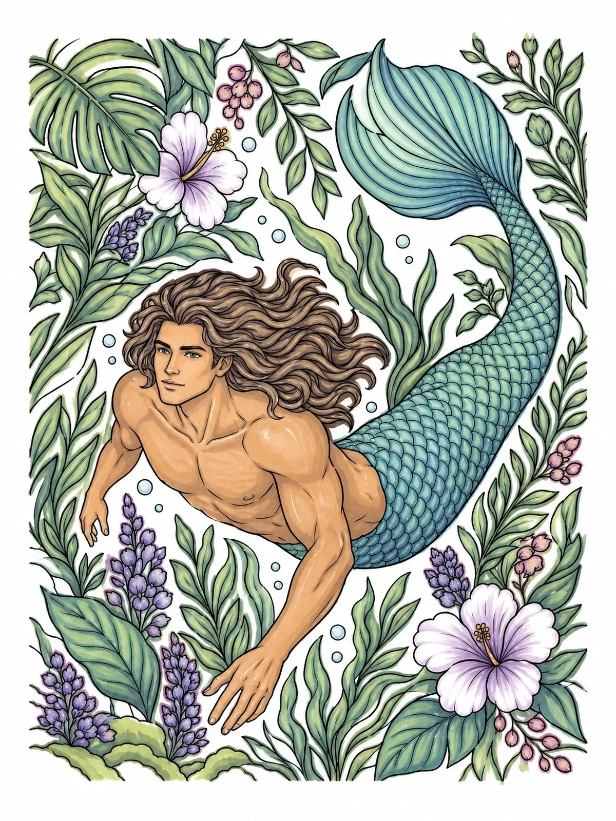 Colored example of the Swimming Merman With Floral Accents coloring page