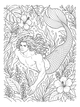 A detailed merman coloring page featuring a swimming mythical man amid tropical foliage.