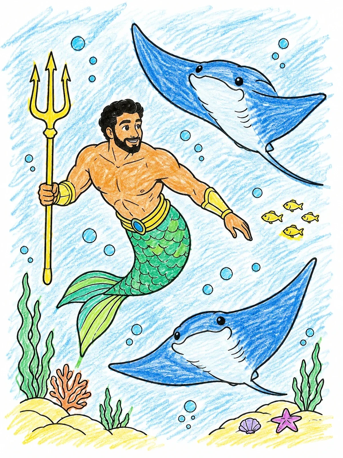 Colored example of the Merman Swimming With Friendly Stingrays coloring page