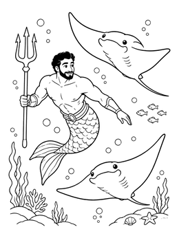 A cheerful merman coloring page featuring a trident and two swimming stingrays.