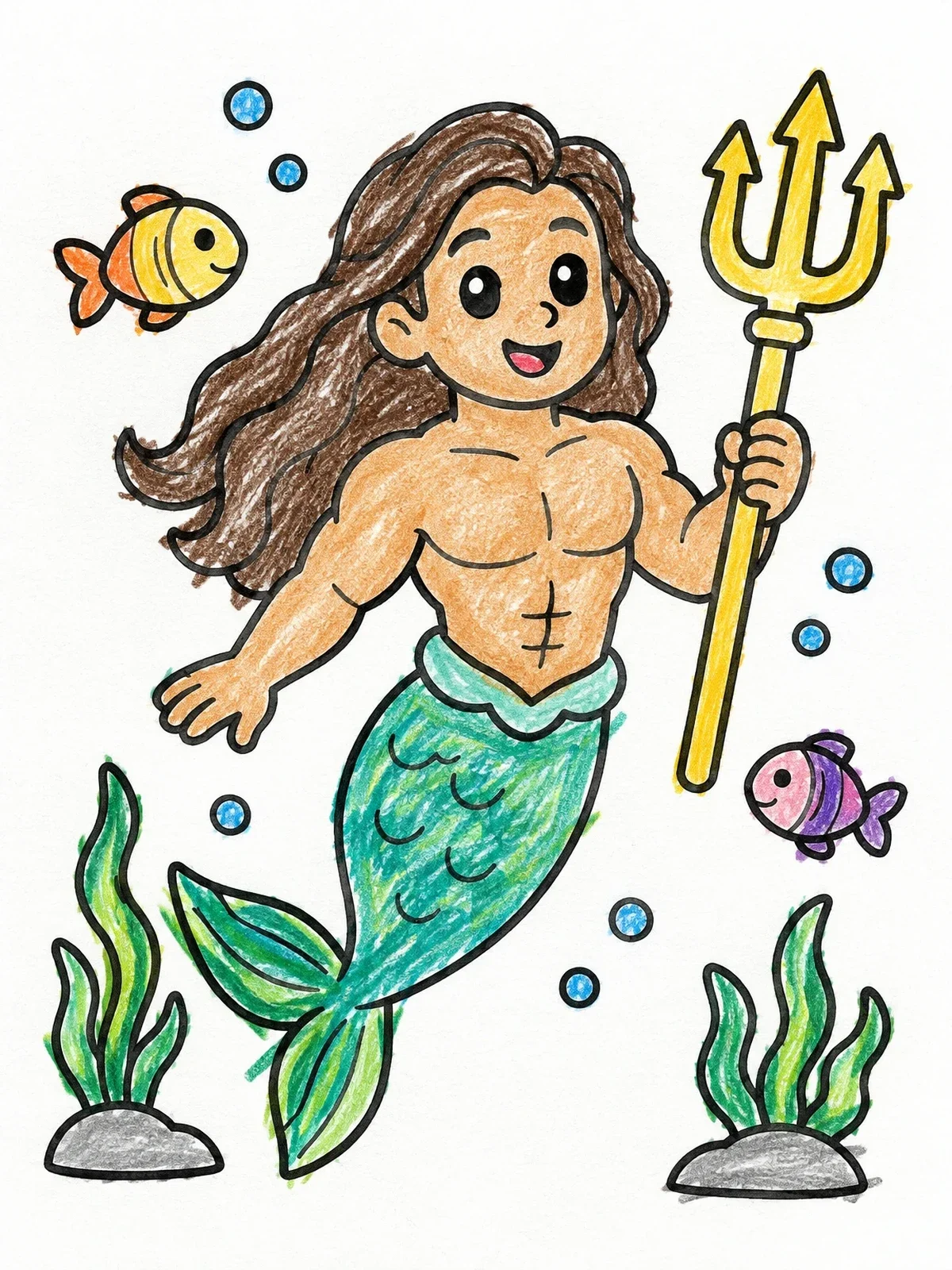 Colored example of the Cheerful Merman With Trident coloring page