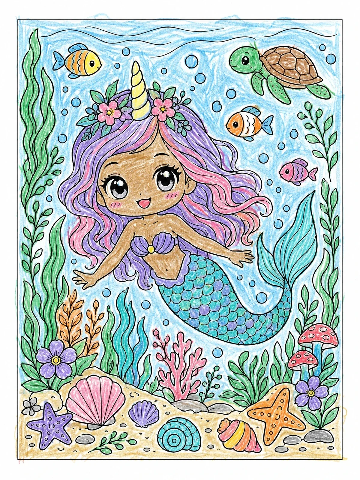 Colored example of the Cute Mermaid Unicorn Underwater Adventure coloring page