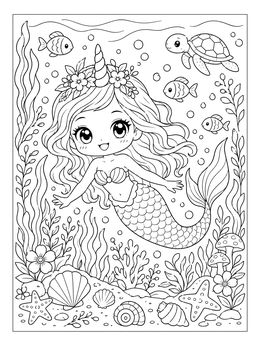 Free printable Cute Mermaid Unicorn Underwater Adventure coloring page