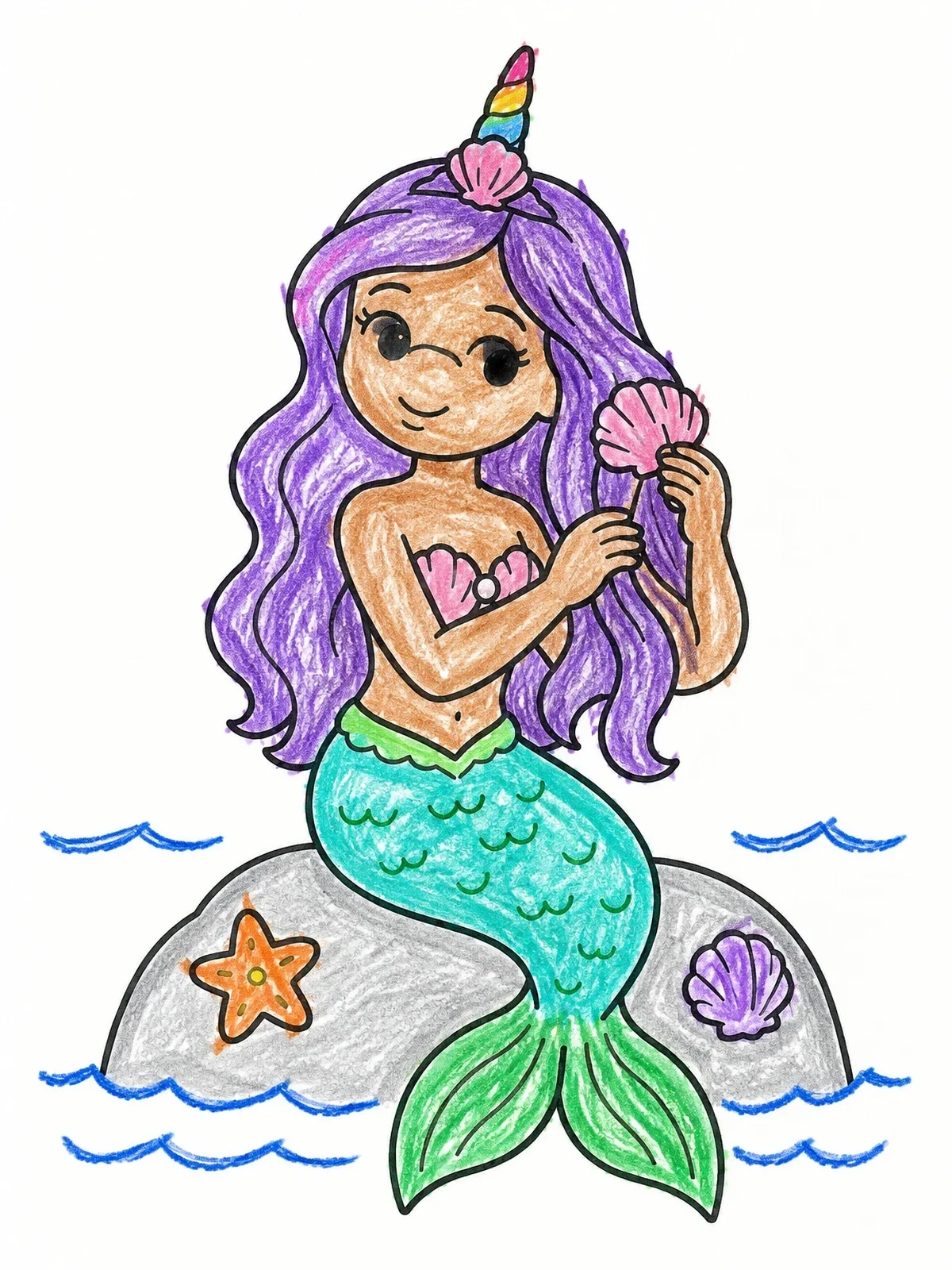 Colored example of the Mermicorn Princess Combing Her Hair coloring page
