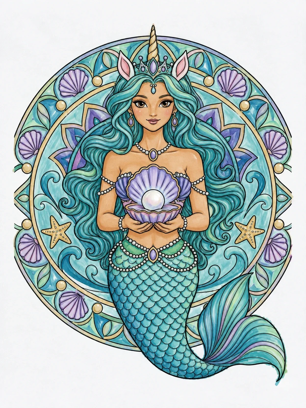 Colored example of the Royal Mermaid Unicorn With Pearl coloring page
