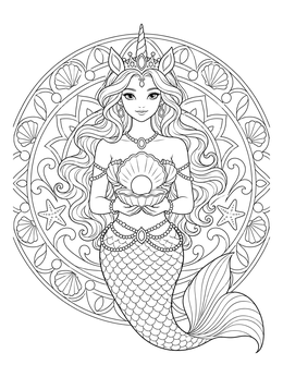 An ornate mermicorn coloring page featuring a crowned mermaid unicorn holding an oyster shell pearl.