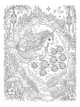 A detailed mermicorn coloring page featuring a mythical sea creature surrounded by striped tropical fish and corals.