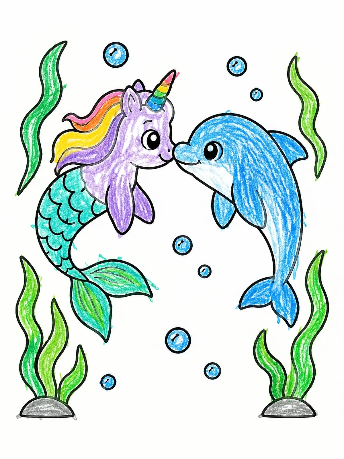 Colored example of the Mermicorn Swimming With A Friendly Dolphin coloring page