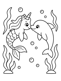 Free printable Mermicorn Swimming With A Friendly Dolphin coloring page