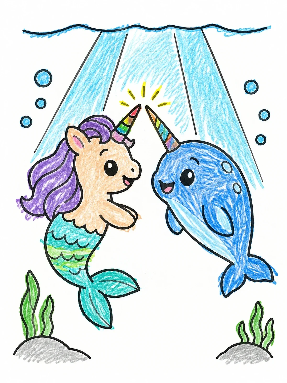 Colored example of the Mermicorn Touching Horns With Narwhal coloring page