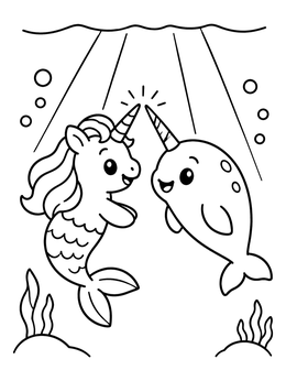 A cheerful mermicorn coloring page with a narwhal underwater.