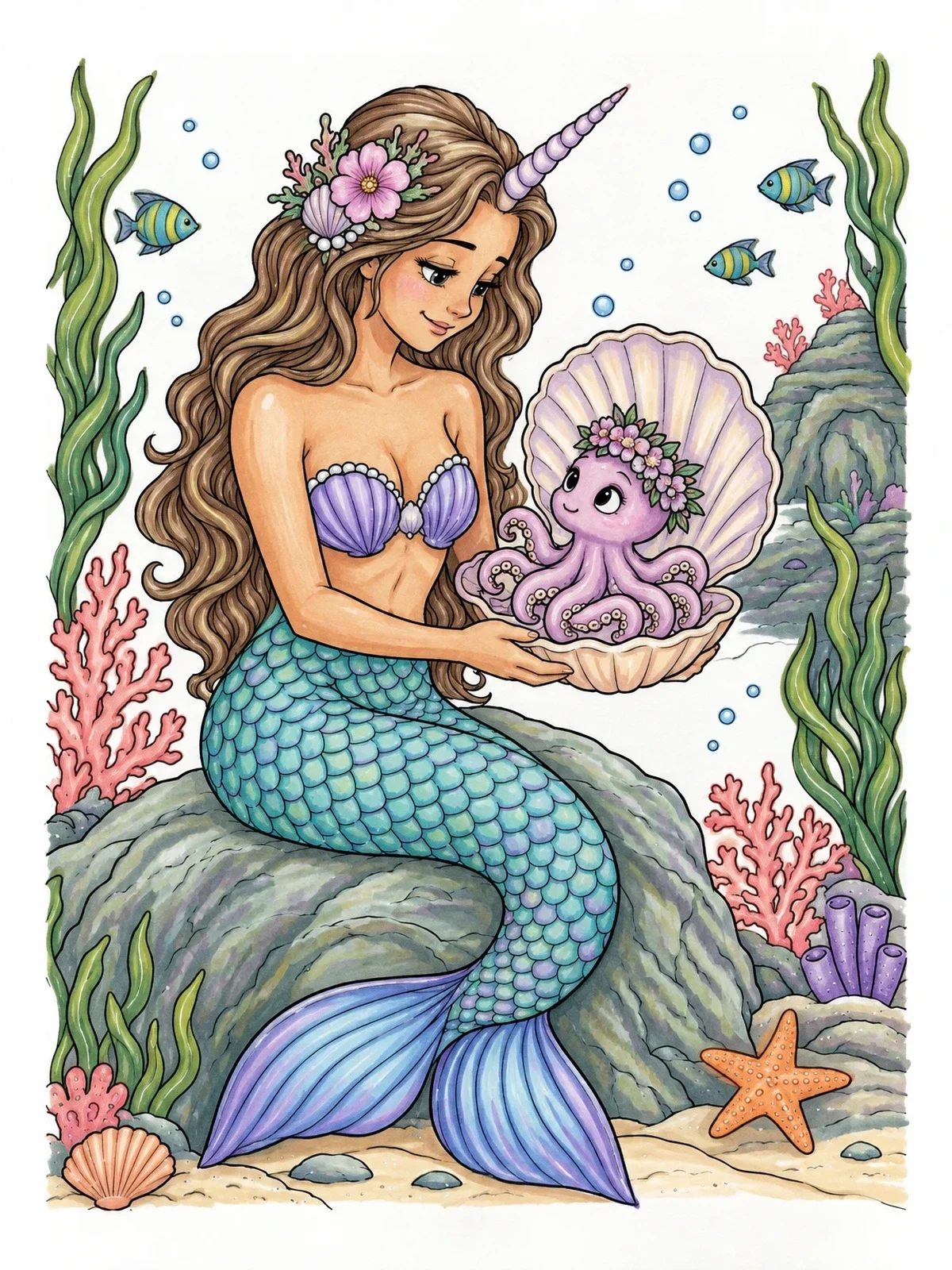 Colored example of the Mermicorn With Octopus In Seashell coloring page