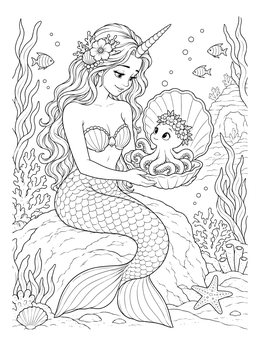 A horned mermicorn coloring page holding an open seashell with a crowned little octopus.