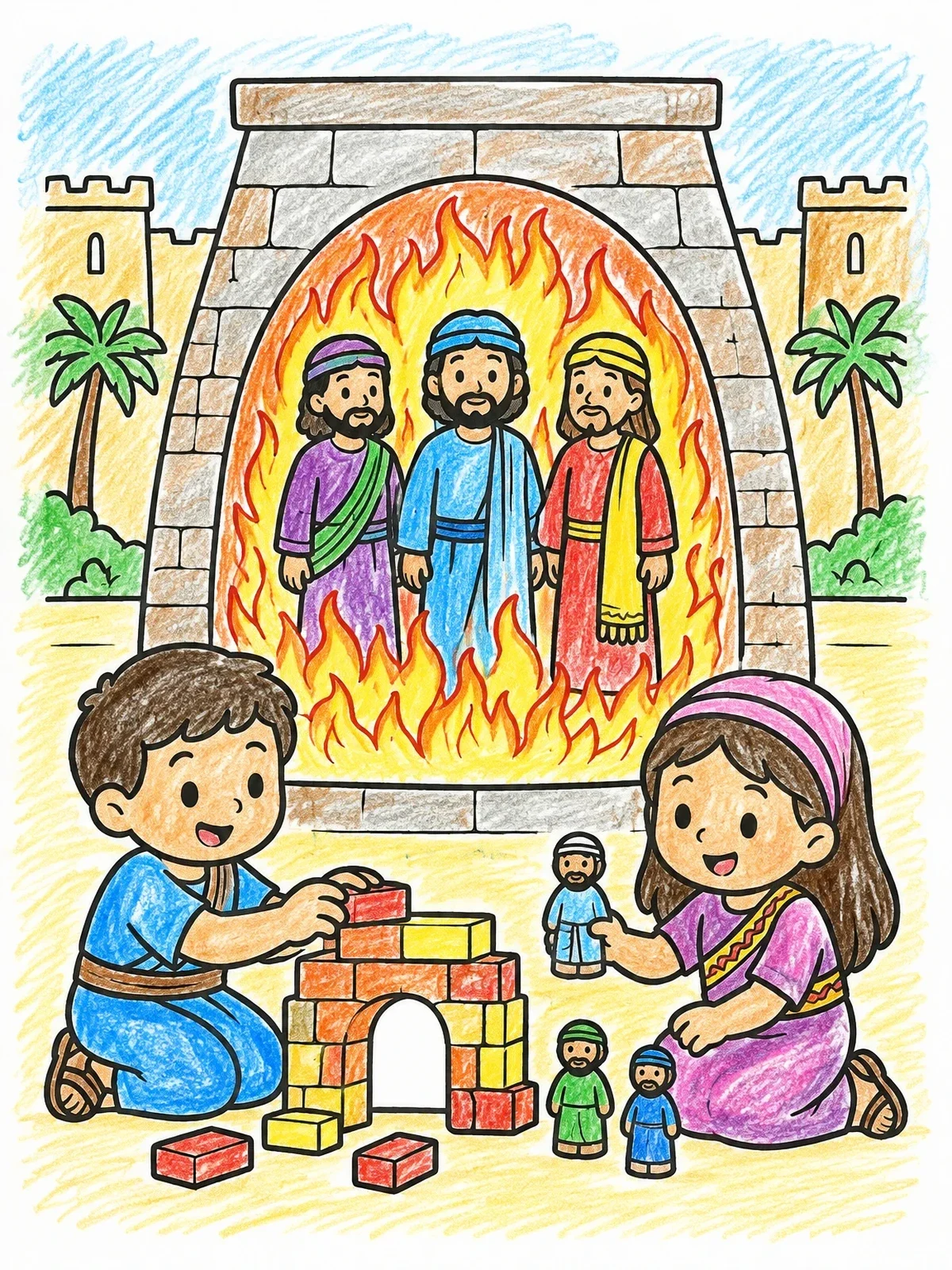 Colored example of the Children Playing With Fiery Furnace Toy coloring page