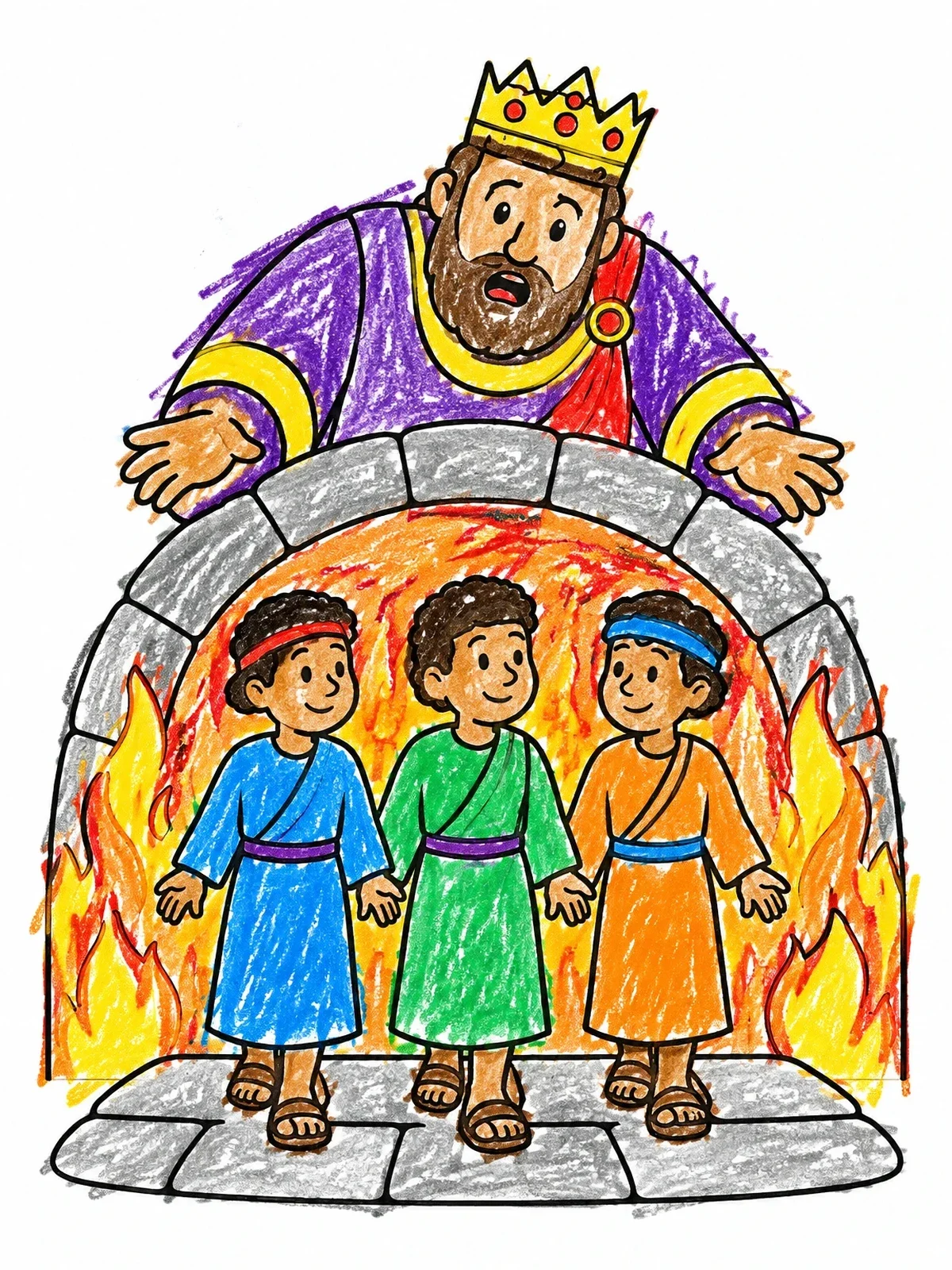Colored example of the King Nebuchadnezzar And Three Friends coloring page