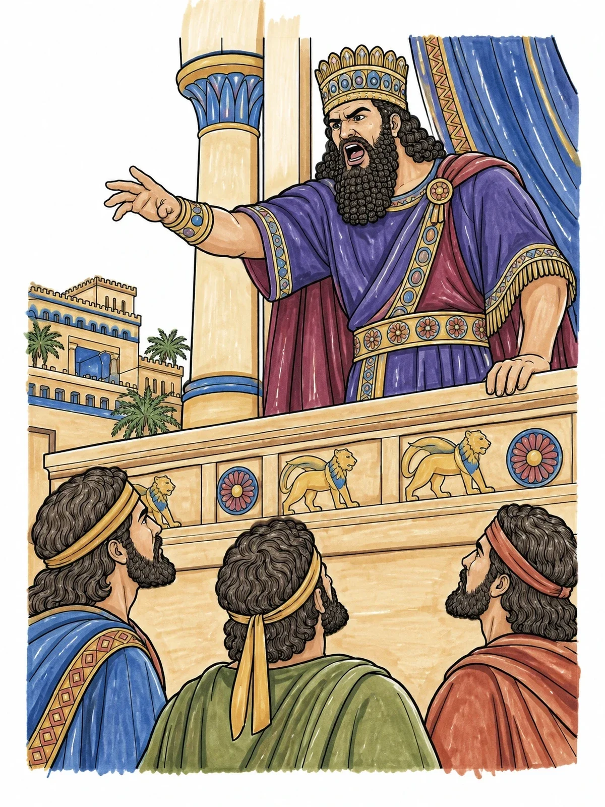 Colored example of the King Nebuchadnezzar And The Three Faithful Men coloring page