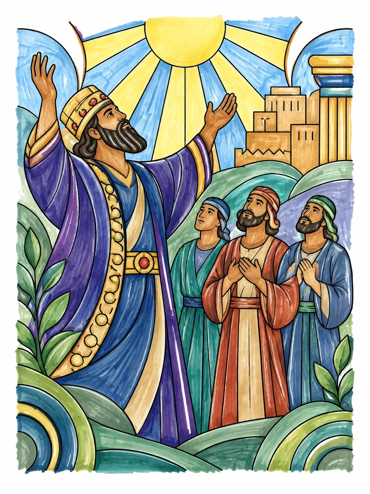 Colored example of the King Nebuchadnezzar Praising God With Delivered Hebrews coloring page