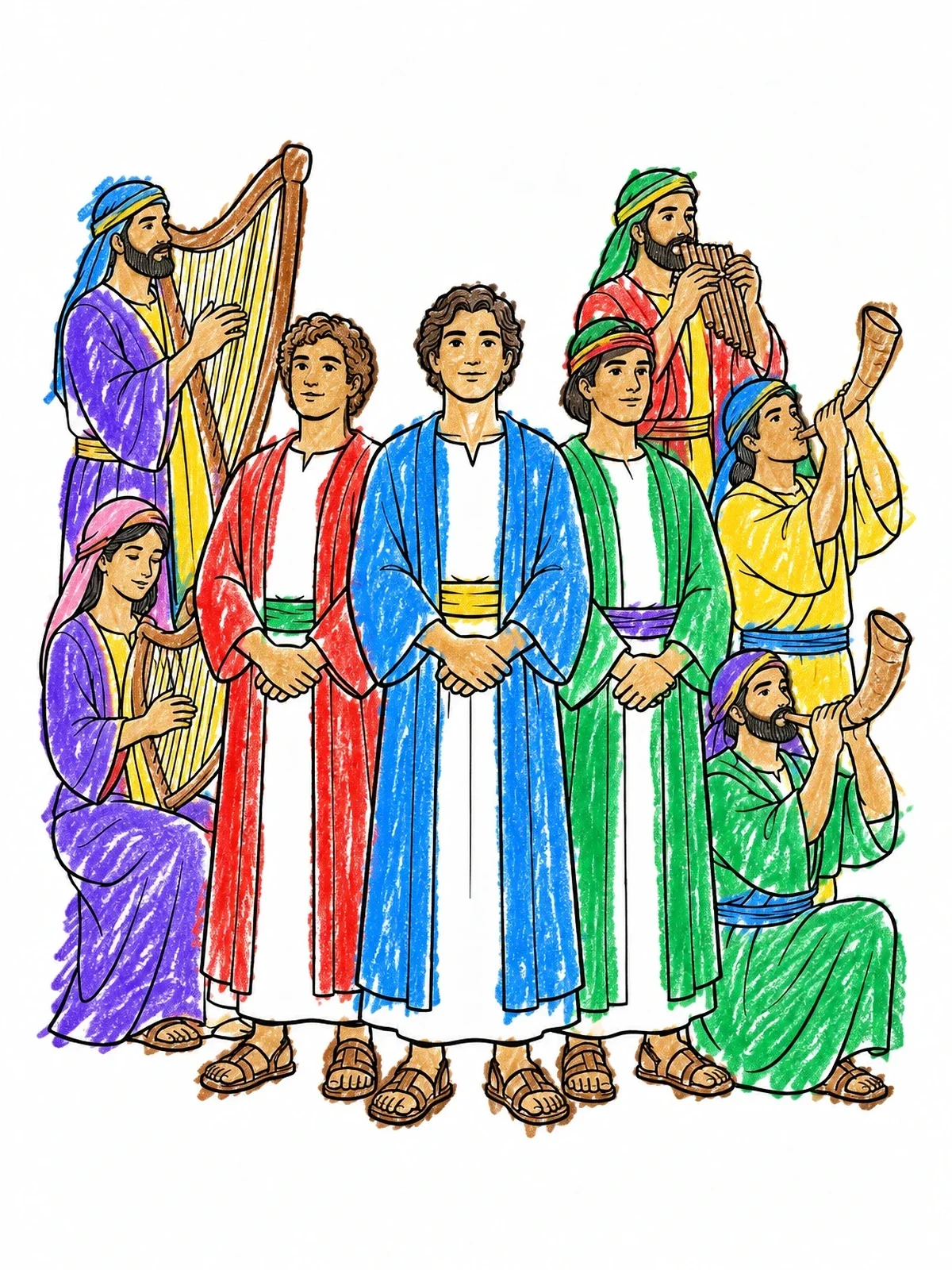 Colored example of the Three Faithful Men And Musicians coloring page